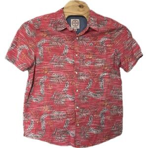 Fat Face Men's Shirt Size XL Coral Pink Floral Palms Hawaiian Short Sleeve Shirt